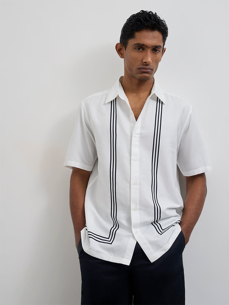 Ascot Black Geometric Relaxed-Fit Cotton-Blend Shirt