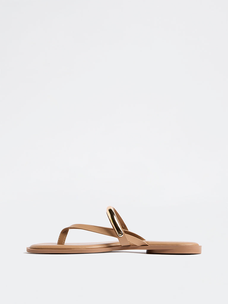 LUNA BLU Beige Metal-Detail Thong-Strap Sandals