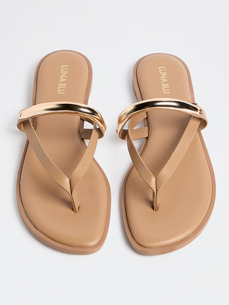 LUNA BLU Beige Metal-Detail Thong-Strap Sandals