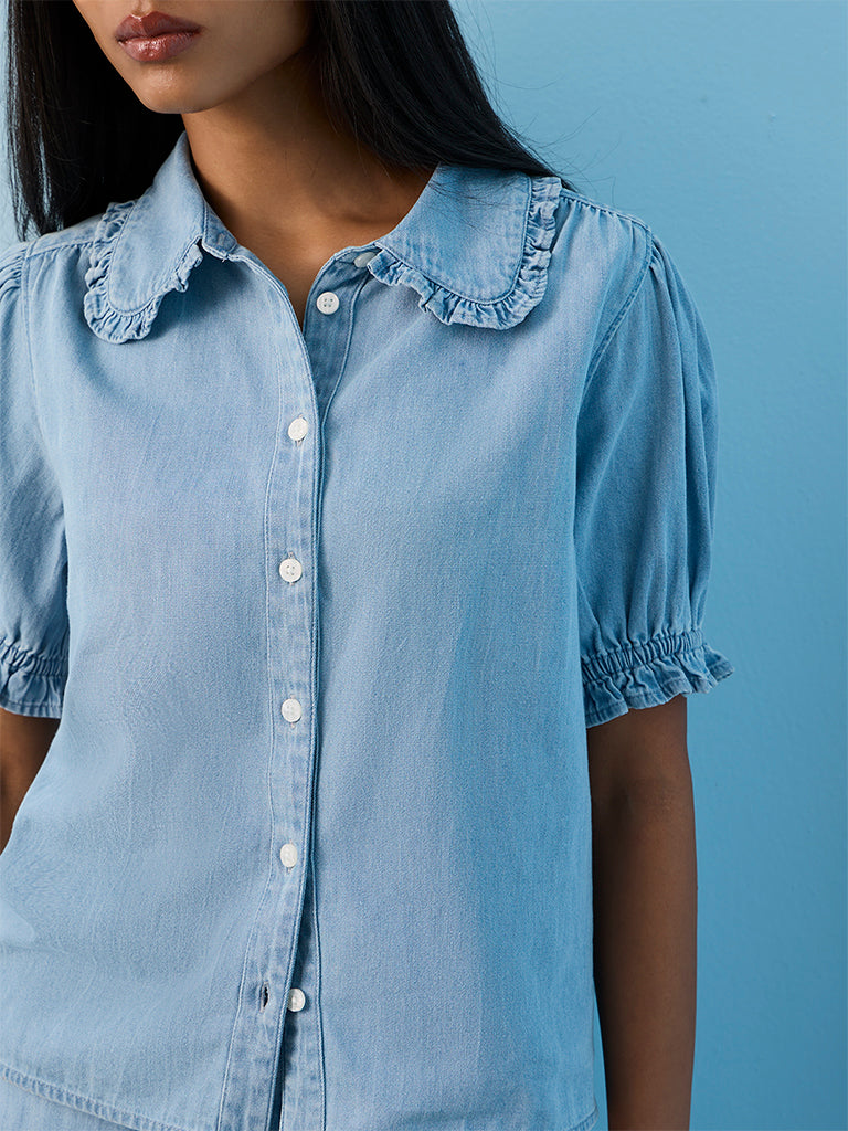 LOV Light Blue Solid Denim Shirt