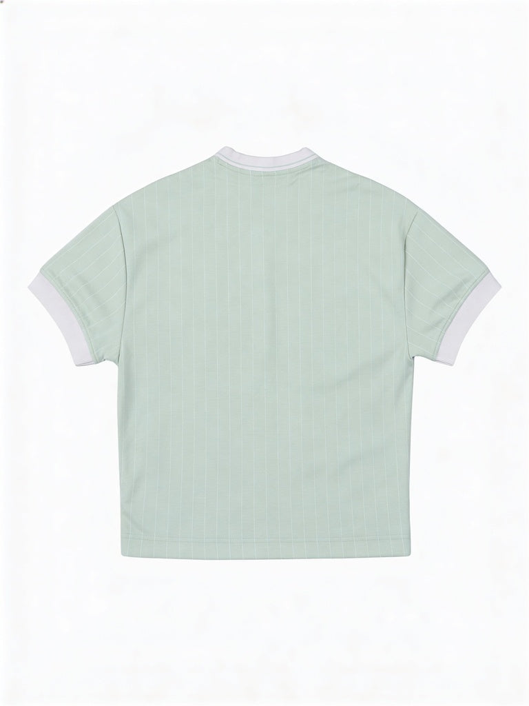 Boys Sage Green Pinstriped Graphic Printed Cotton-Blend T-Shirt