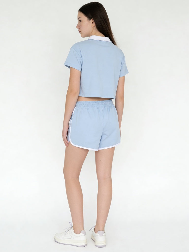 Girls Light Blue Printed Cotton Crop Top And Shorts Set
