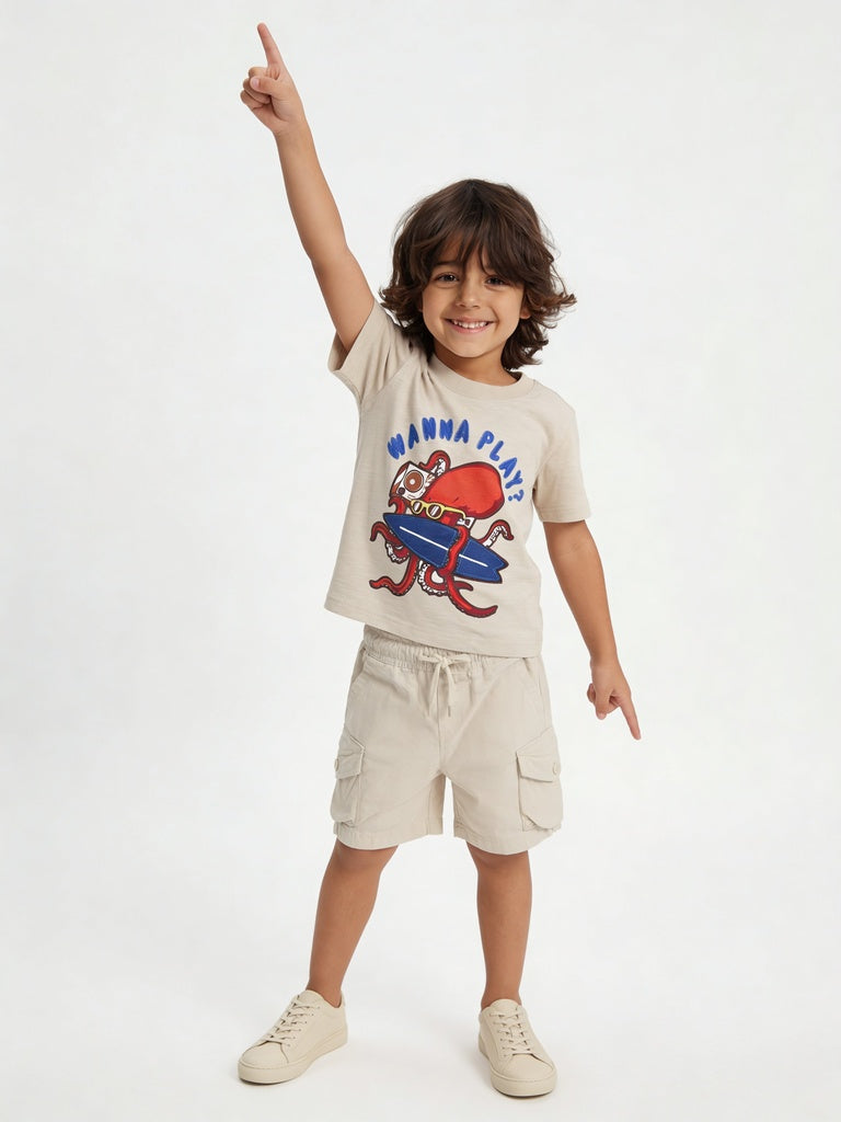 HOP Kids Boys Off-White Car Print Cotton Comfort Fit Shorts