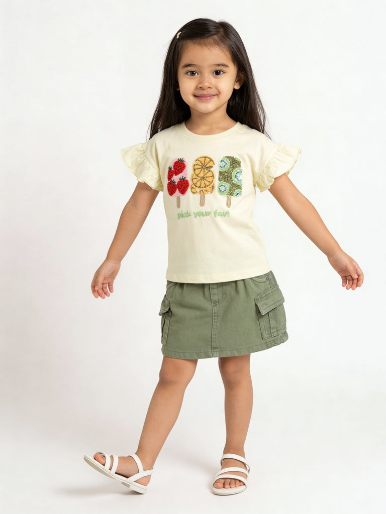HOP Kids Girls Light Yellow Popsicle Printed Cotton Top