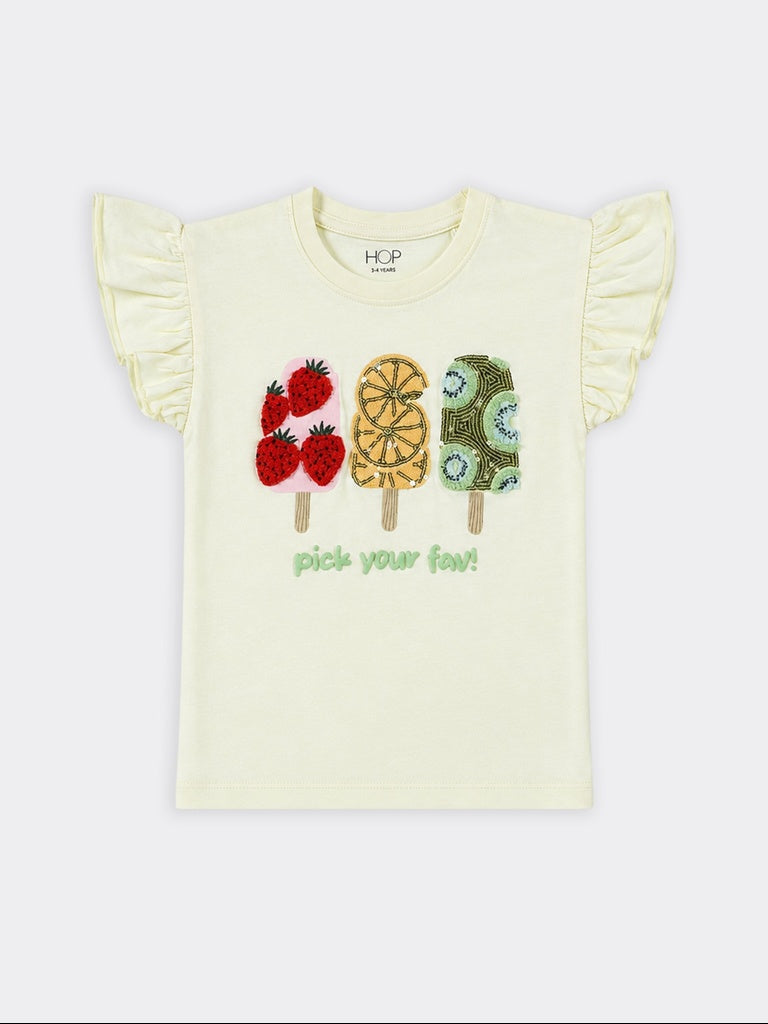 HOP Kids Girls Light Yellow Popsicle Printed Cotton Top