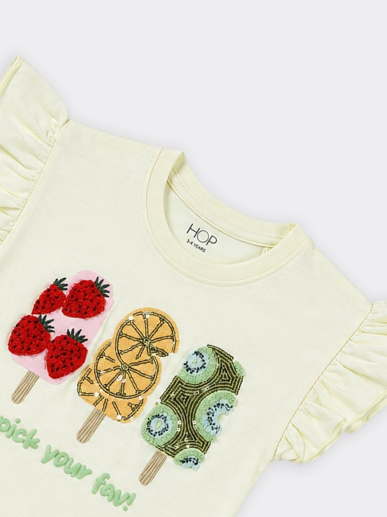 HOP Kids Girls Light Yellow Popsicle Printed Cotton Top