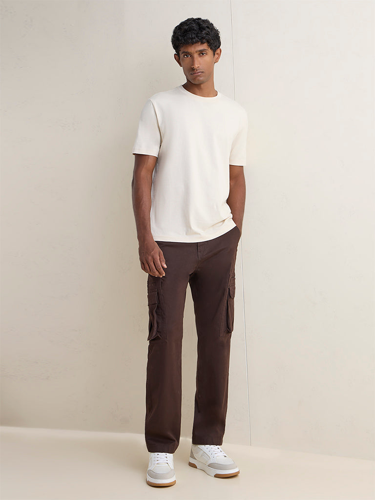 WES Casuals Dark Brown Relaxed-Fit Mid-Rise Cotton Cargo Pants