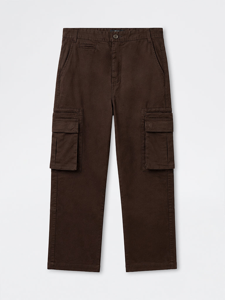 WES Casuals Dark Brown Relaxed-Fit Mid-Rise Cotton Cargo Pants