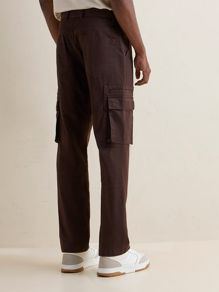WES Casuals Dark Brown Relaxed-Fit Mid-Rise Cotton Cargo Pants