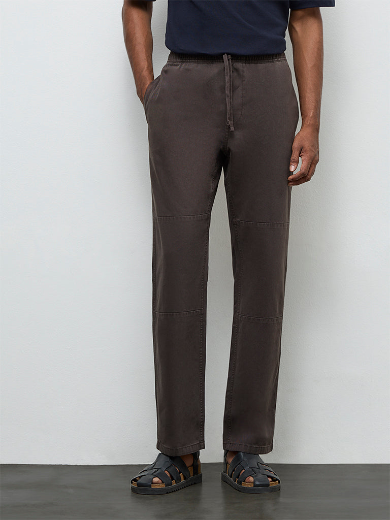 WES Casuals Dark Brown Relaxed-Fit Mid-Rise Cotton Pants
