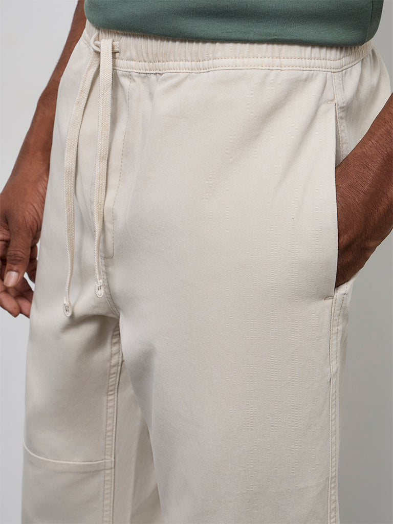 WES Casuals Off-White Relaxed-Fit Mid-Rise Cotton Pants