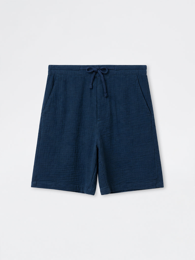 ETA Indigo Crinkle Textured Relaxed-Fit Mid-Rise Cotton Shorts