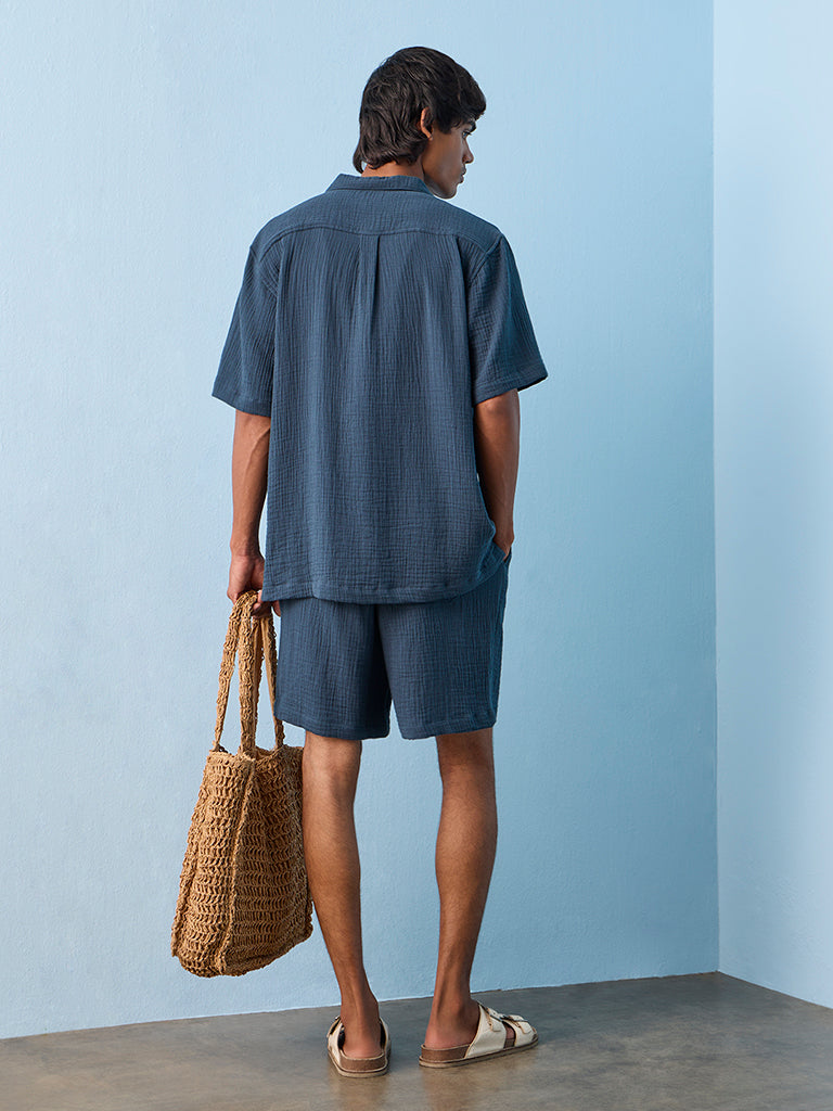 ETA Indigo Crinkle Textured Relaxed-Fit Mid-Rise Cotton Shorts