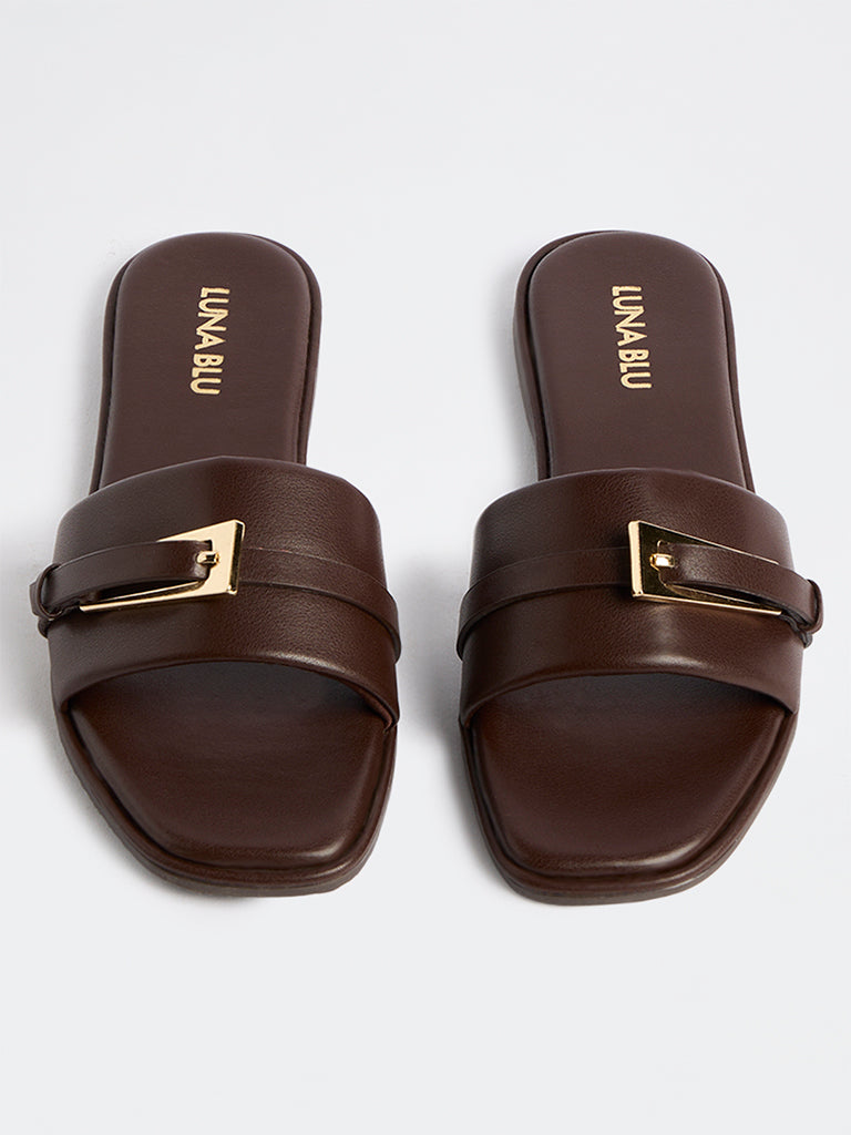 LUNA BLU Dark Brown Buckle-Detailed Slides