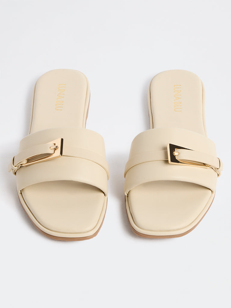 LUNA BLU Ivory Buckle-Detailed Slides