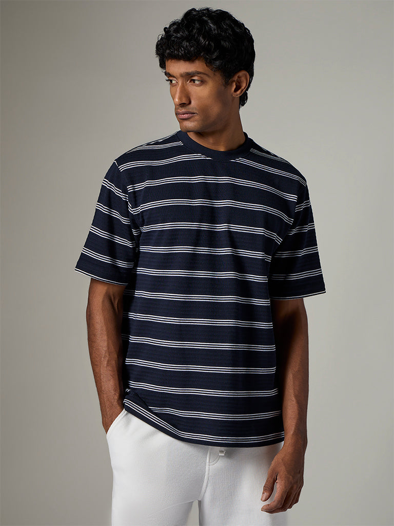 WES Lounge Navy Striped Relaxed-Fit Cotton-Blend T-Shirt