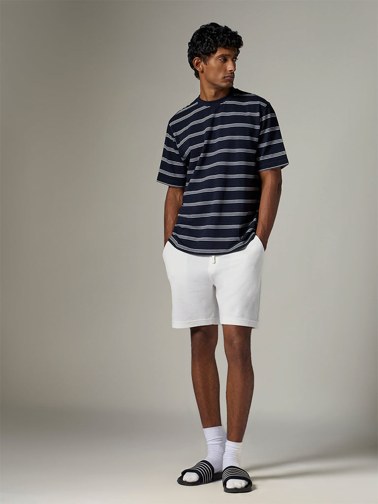 WES Lounge Navy Striped Relaxed-Fit Cotton-Blend T-Shirt