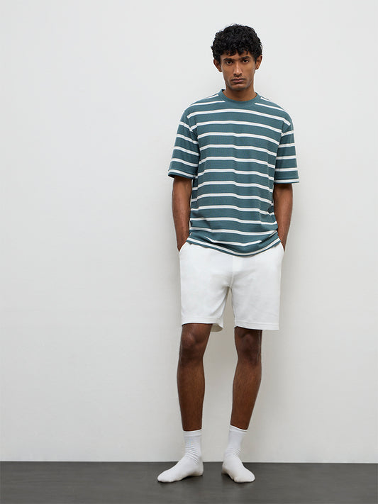 WES Lounge Teal Striped Relaxed-Fit Cotton T-Shirt