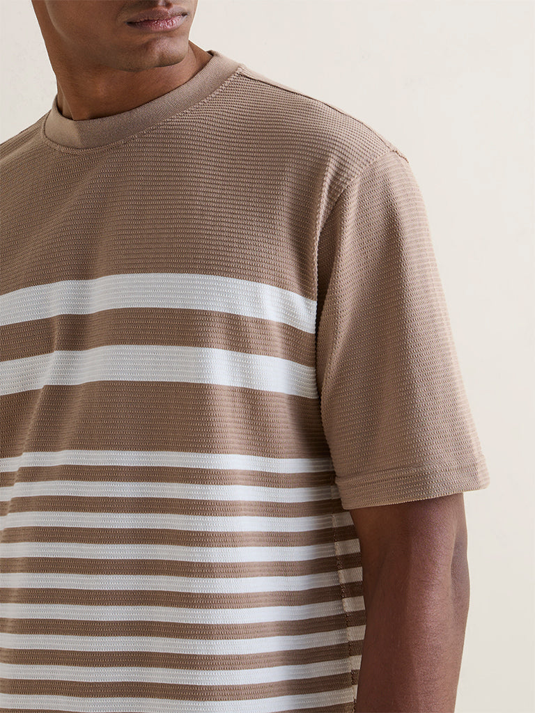 WES Lounge Beige Striped Relaxed-Fit Cotton-Blend T-Shirt