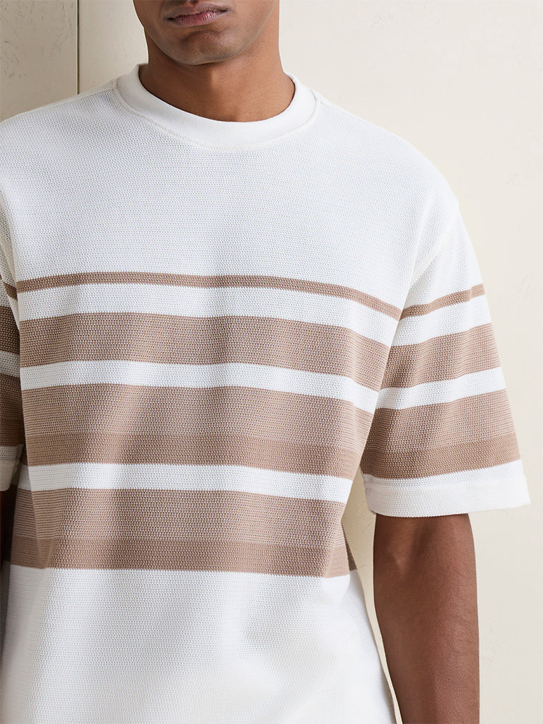 WES Lounge Off-White Striped Relaxed-Fit Cotton-Blend T-Shirt