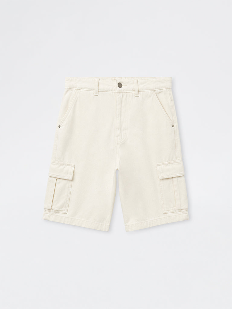 Nuon Off-White Relaxed-Fit Mid-Rise Denim Cargo Shorts