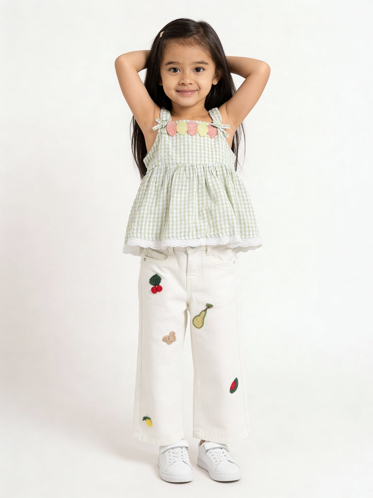 HOP Kids Girls Off-White Fruit Embroidered Wide Leg Jeans