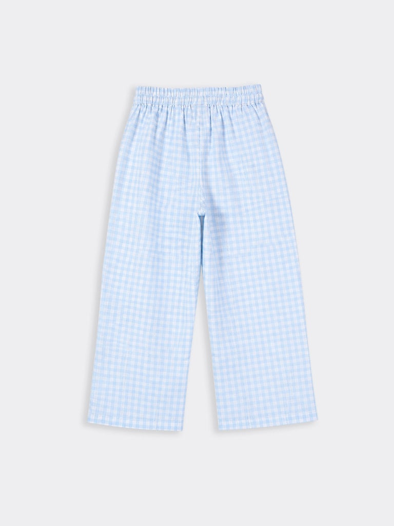 HOP Kids Girls Blue Gingham Lace Trim Wide Leg Pants