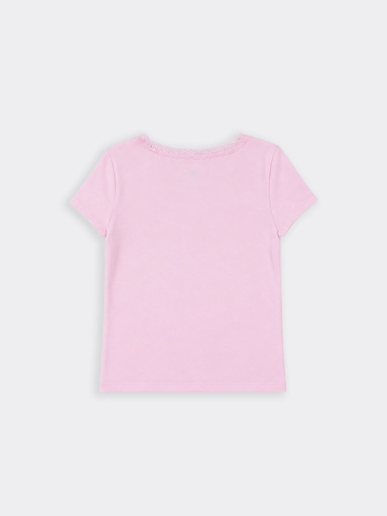 Girls Pink Lace Trim Bow Detail Regular Fit Cotton-Blend T-Shirt