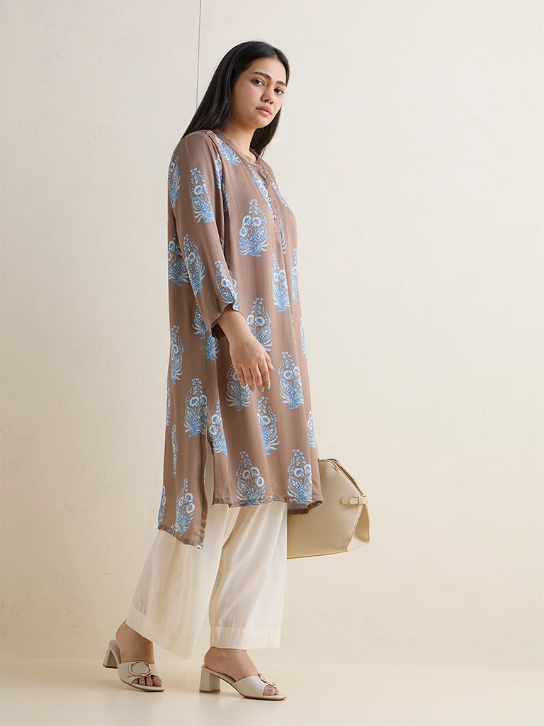 Diza Brown Floral Printed High-Low Kurta