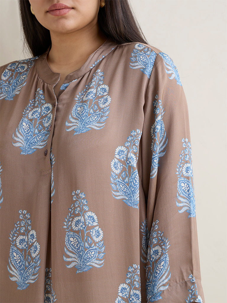 Diza Brown Floral Printed High-Low Kurta
