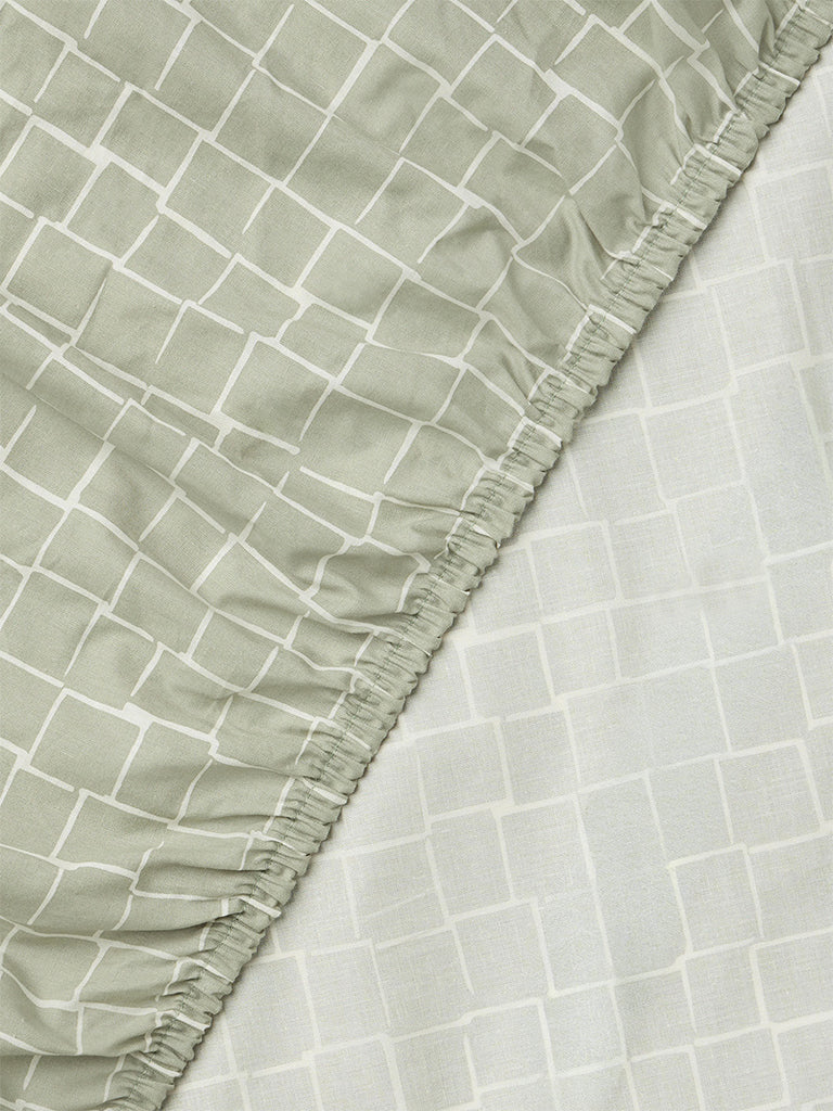 Westside Home Green Checks Printed Fitted King Bed Sheet Set
