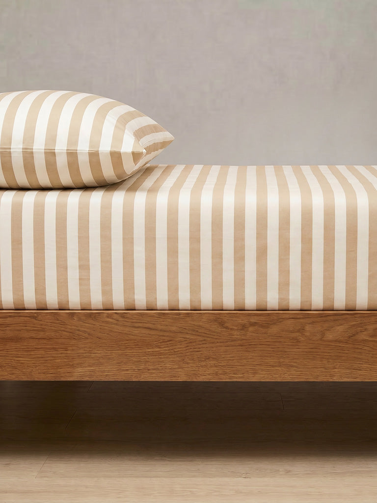 Westside Home Beige Striped Fitted Queen Bed Sheet Set