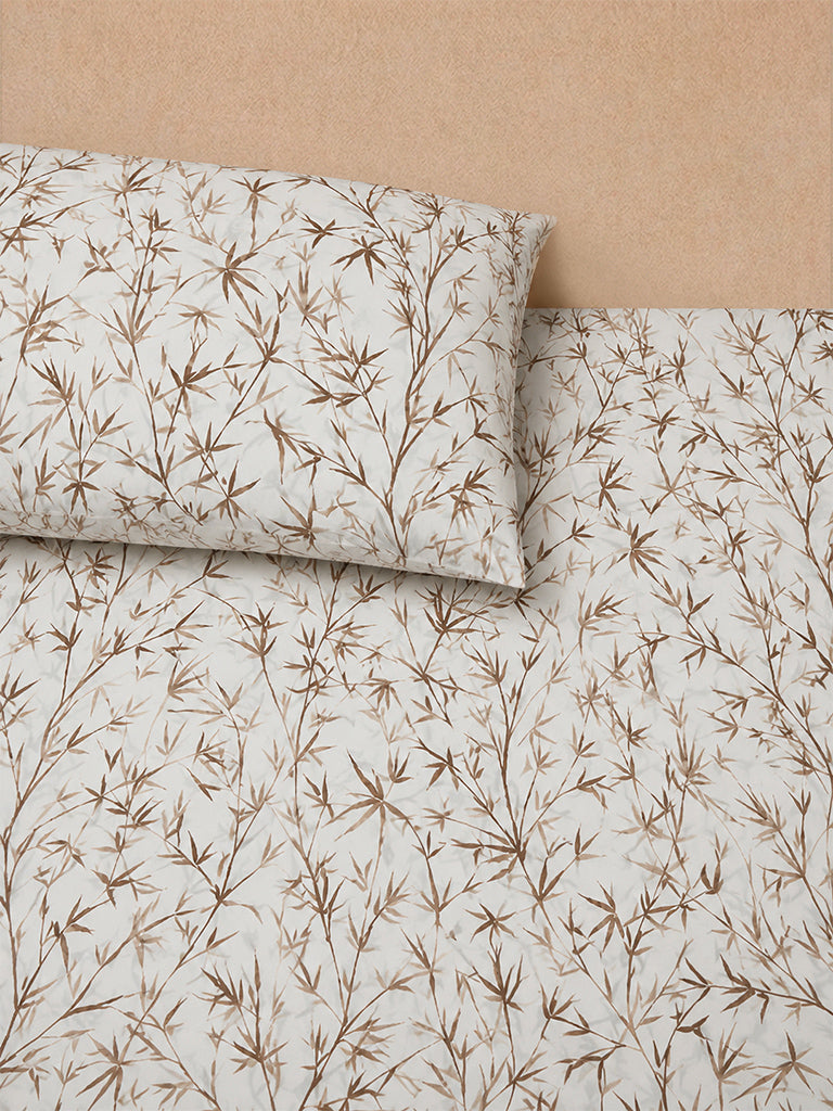 Westside Home Brown Bamboo Leaves Printed King Bed Sheet Set