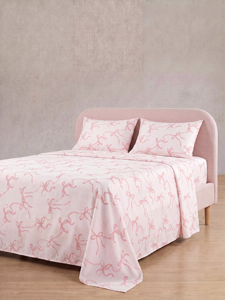Westside Home Pink Bow Printed Queen Bedsheet Set