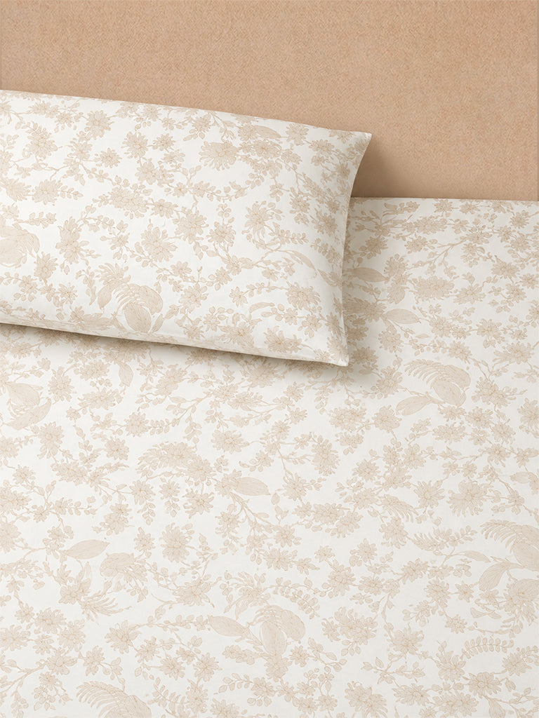 Westside Home Light Beige Foliage Printed King Bed Sheet Set