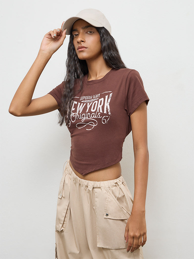 Nuon Brown Text Printed T-Shirt