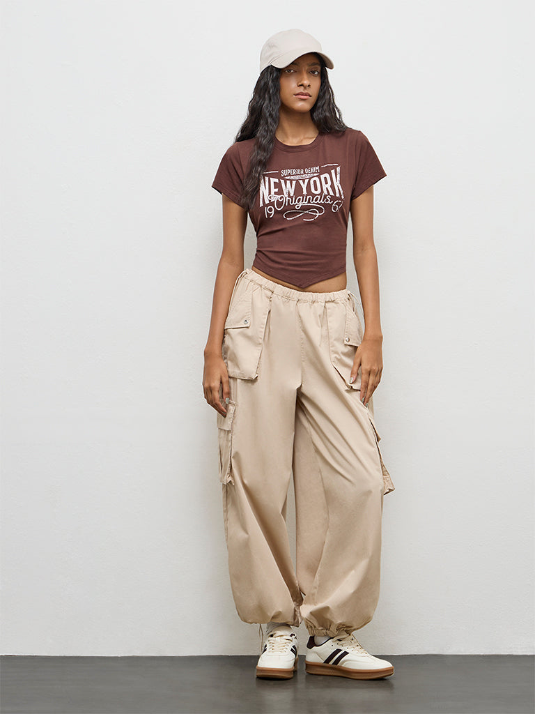 Nuon Brown Text Printed T-Shirt