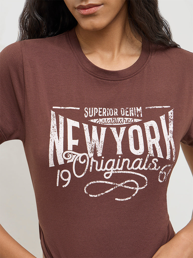 Nuon Brown Text Printed T-Shirt