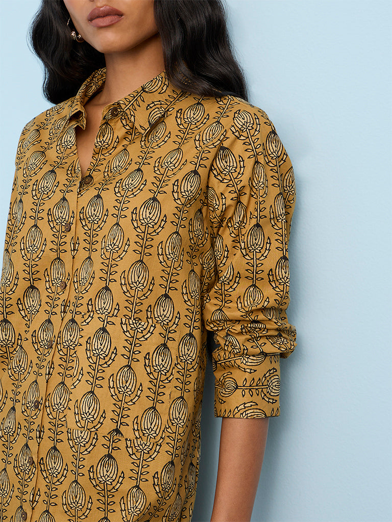 Utsa Mustard Printed Cotton Straight Kurta