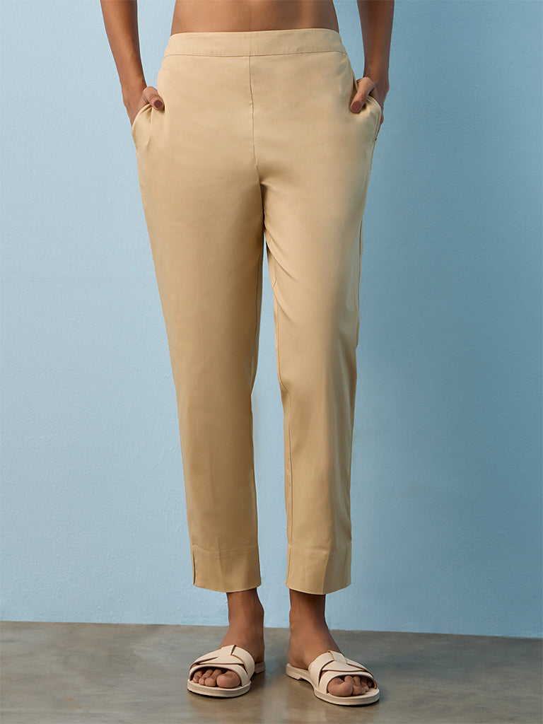 Utsa Beige Solid Cotton-Blend Pants