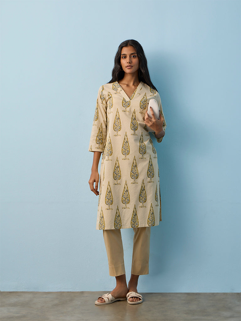 Utsa Beige Solid Cotton-Blend Pants