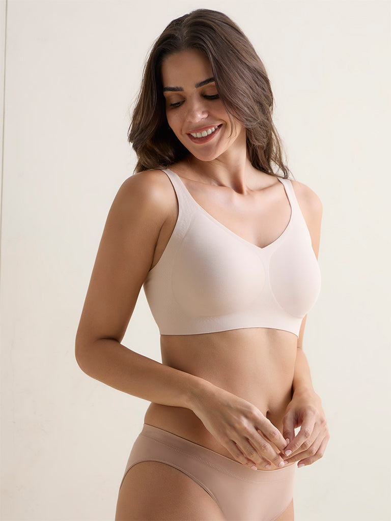 Wunderlove Beige Invisible Cotton-Blend Padded Bra
