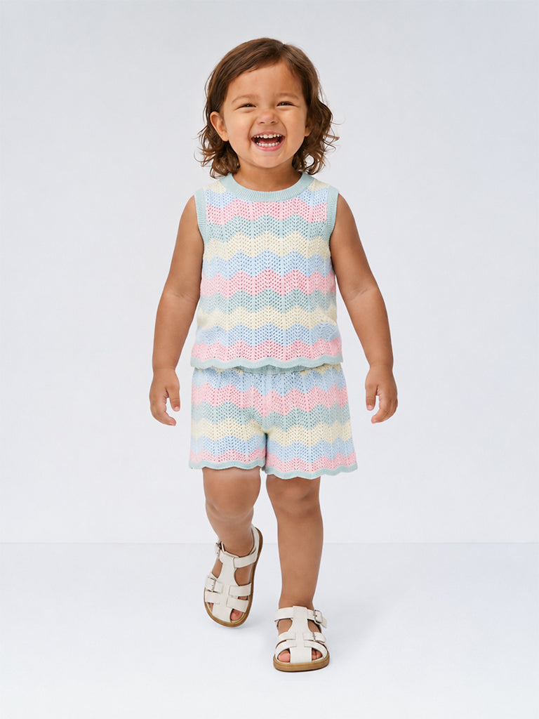 HOP Baby Girls Multicolour Chevron Pattern Cotton Top and Shorts Set