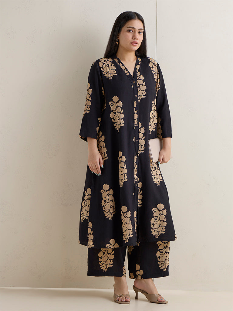Diza Black Floral Printed Palazzos