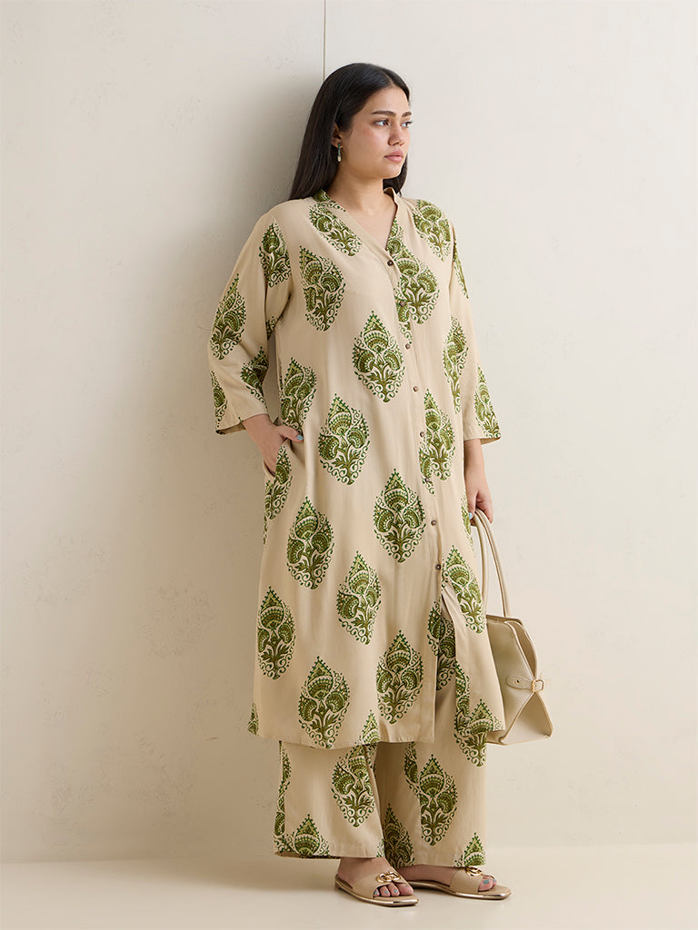 Diza Beige Botanical Printed A-Line Kurta