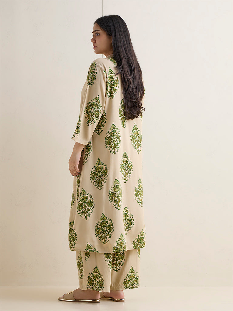 Diza Beige Botanical Printed A-Line Kurta
