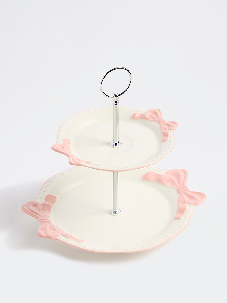 Westside Home White Bow-Detailed Two-Tiered Cake Stand