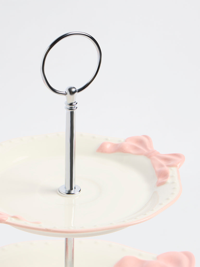 Westside Home White Bow-Detailed Two-Tiered Cake Stand