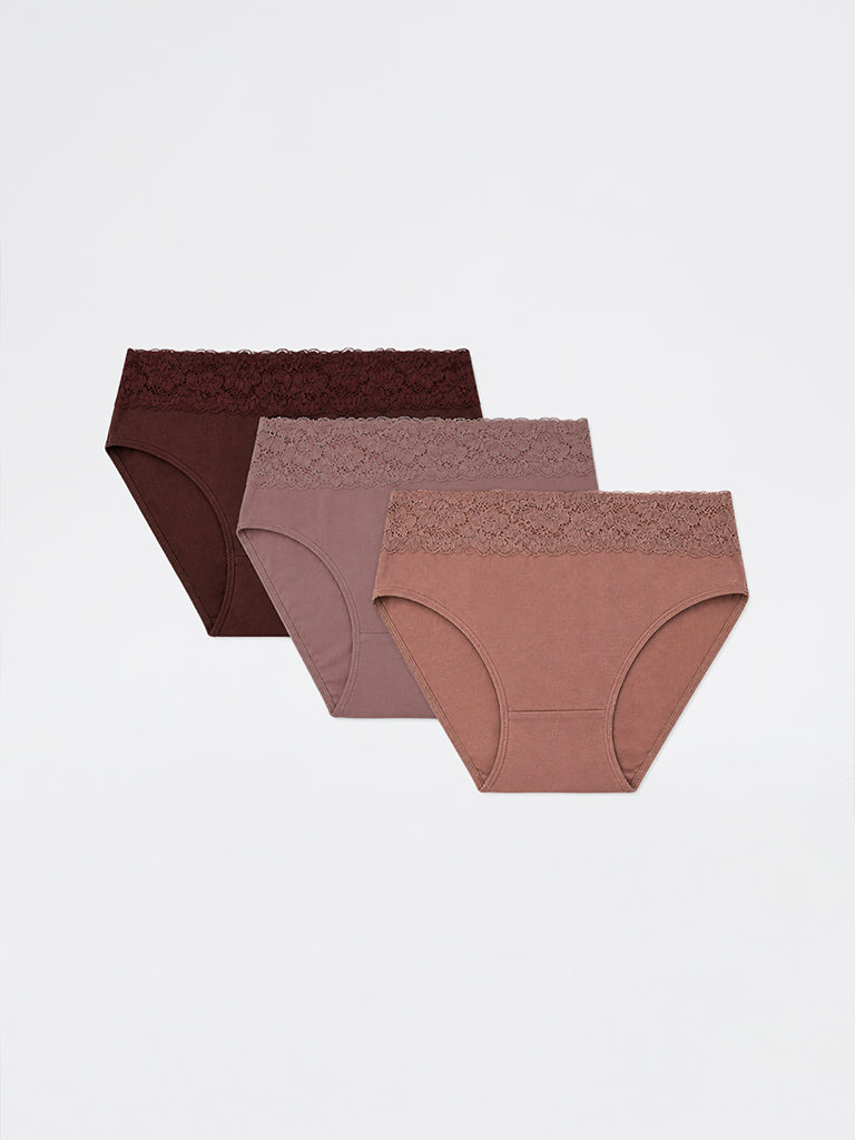 Wunderlove 3-Pack Lace Detailed Cotton-Blend Hi-Leg Briefs