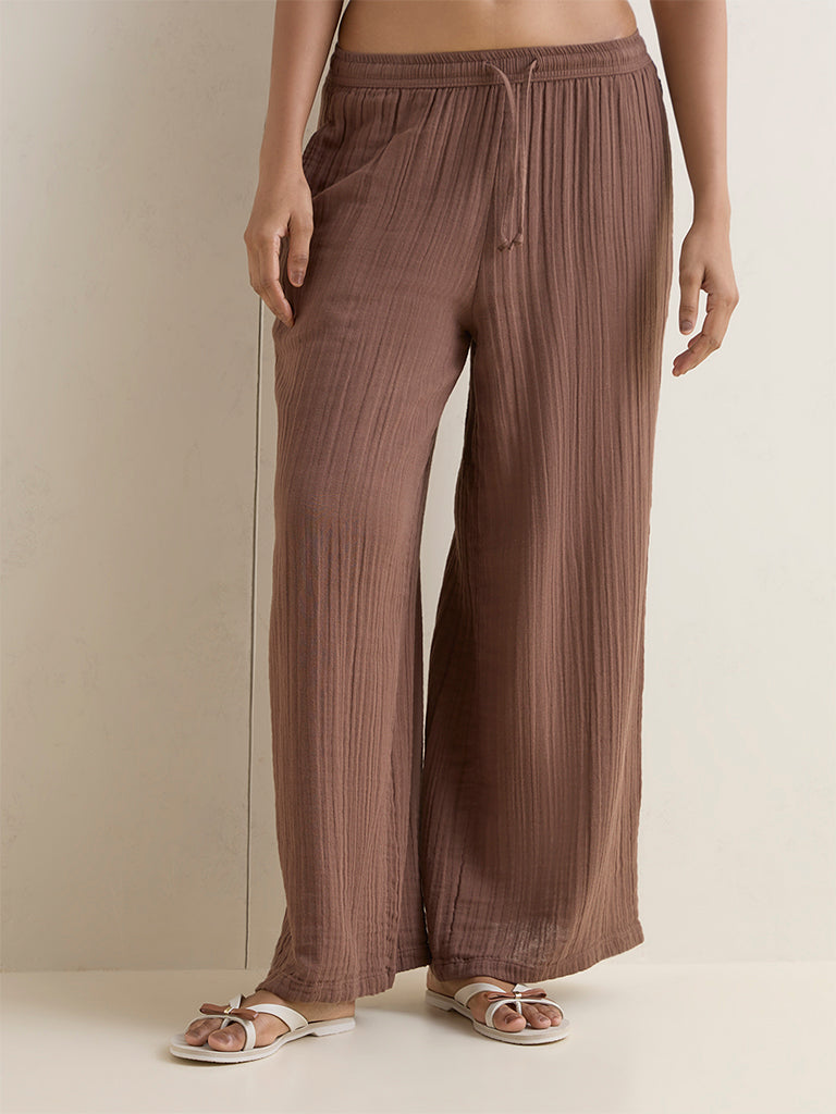 Wunderlove Dark Brown Crinkle-Textured High-Rise Cotton Beach Pants
